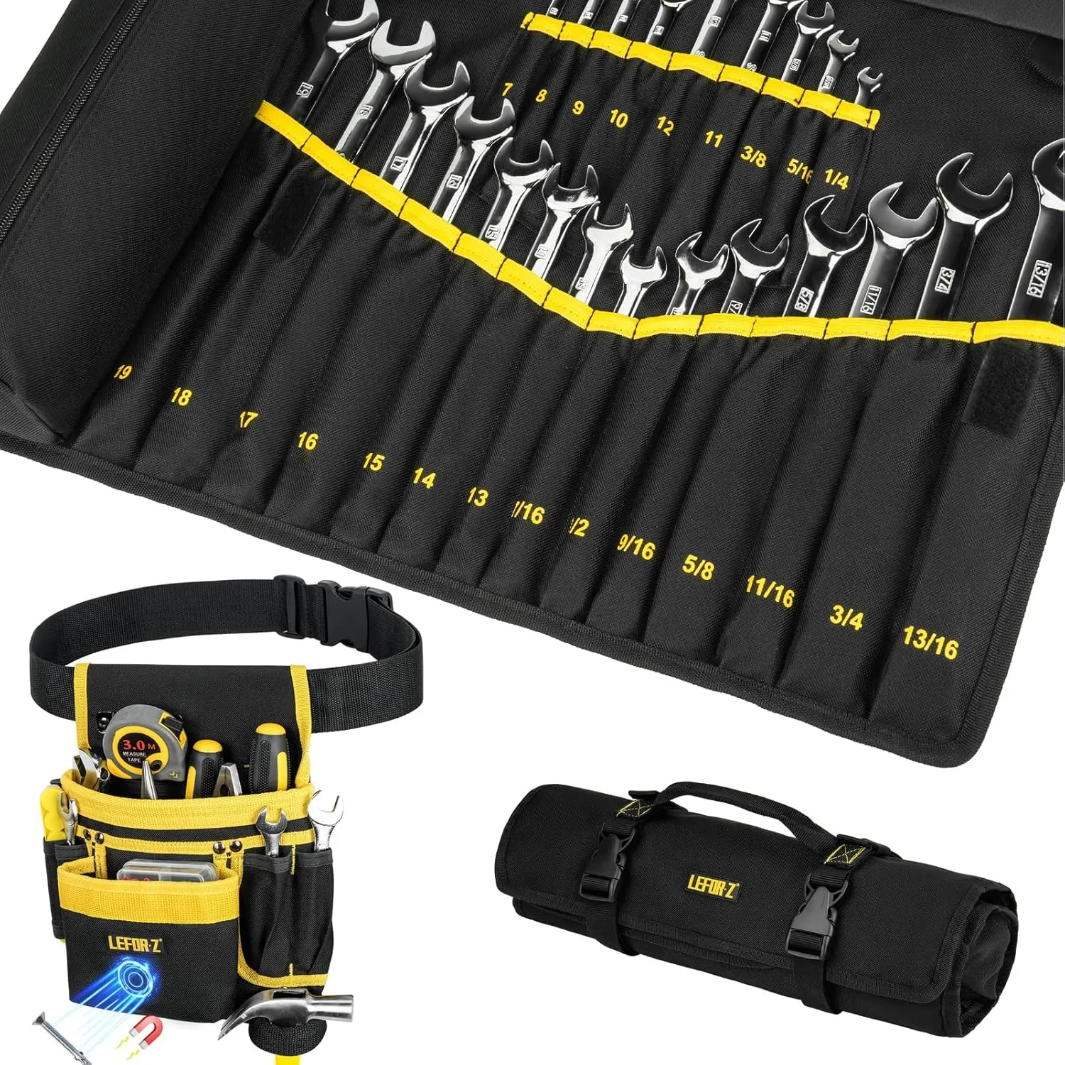 13-Pockets Magnetic Tool Belt   Wrench Roll Organizer with 23 1 Pockets for Metric & SAE Wrenches,Heavy Duty Tool Belts   Wrench Holder Organizer Bag for Men,Gifts for Dad,Mechanic,Electrician,Carpent