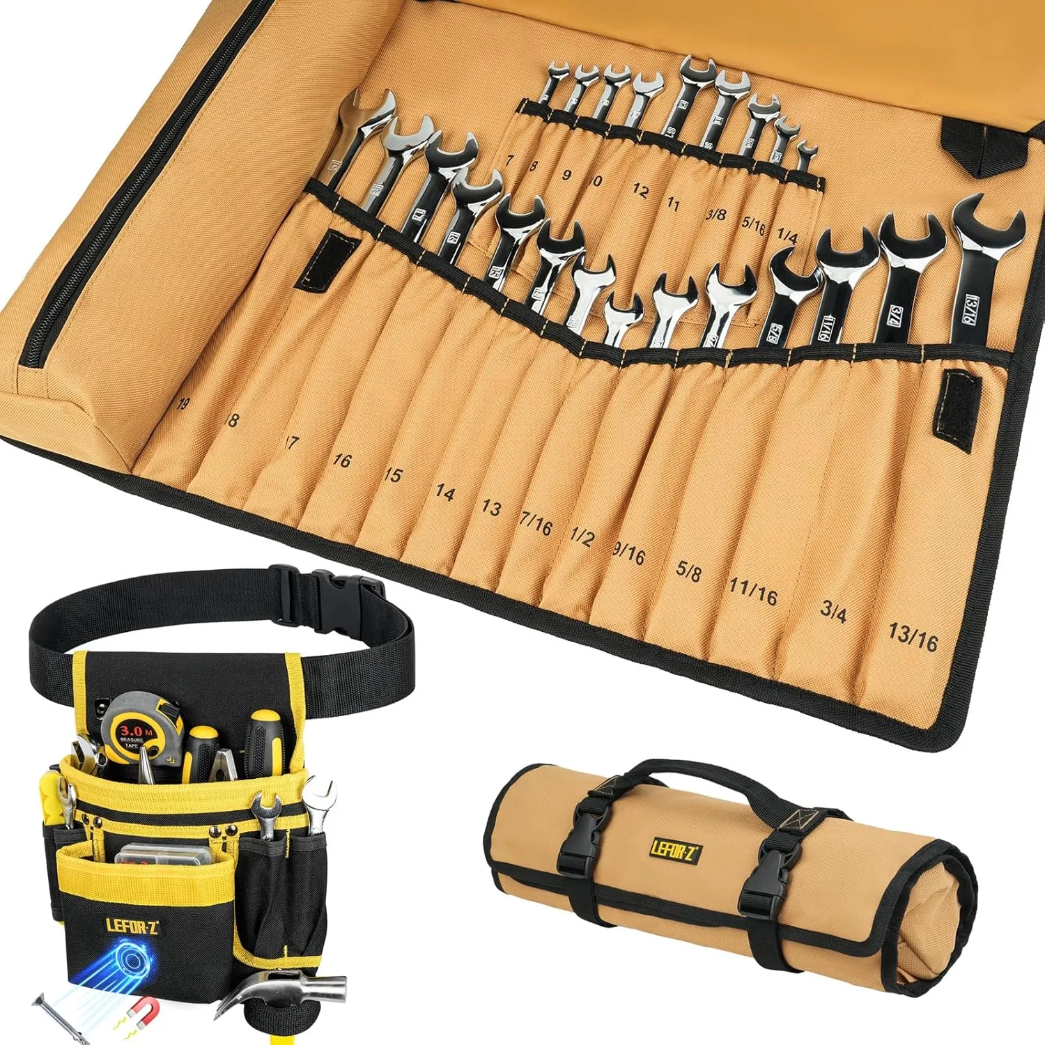 13-Pockets Magnetic Tool Belt   Wrench Roll Organizer with 23 1 Pockets for Metric & SAE Wrenches,Heavy Duty Tool Belts   Wrench Holder Organizer Bag for Men,Gifts for Dad,Mechanic,Electrician,Carpent