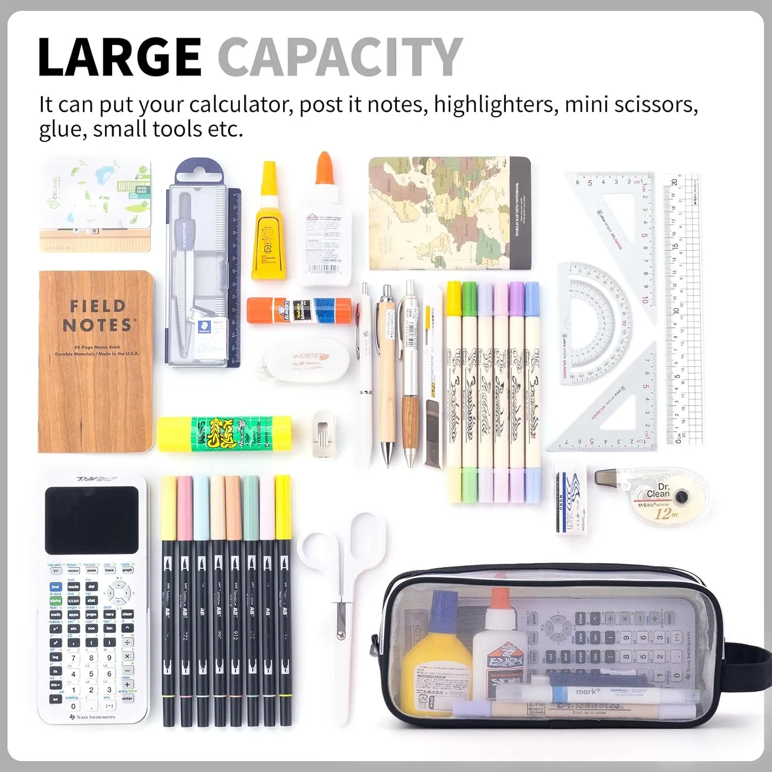 ANGOOBABY Large Grid Mesh Pencil Case 2 Compartment Pen Bag Clear Handheld Multifunction Pencil Pouch Transparent Makeup Bag for Teen Student College Business Travel Office Adult - Black