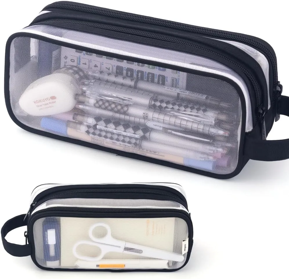 ANGOOBABY Large Grid Mesh Pencil Case 2 Compartment Pen Bag Clear Handheld Multifunction Pencil Pouch Transparent Makeup Bag for Teen Student College Business Travel Office Adult - Black