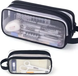 ANGOOBABY Large Grid Mesh Pencil Case 2 Compartment Pen Bag Clear Handheld Multifunction Pencil Pouch Transparent Makeup Bag for Teen Student College Business Travel Office Adult - Black