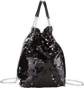 Ayliss Women Drawstring Bucket Bag Tote Shoulder Handbag Clutch Bag Reversible Mermaid Sequin Chain Crossbody Handbags