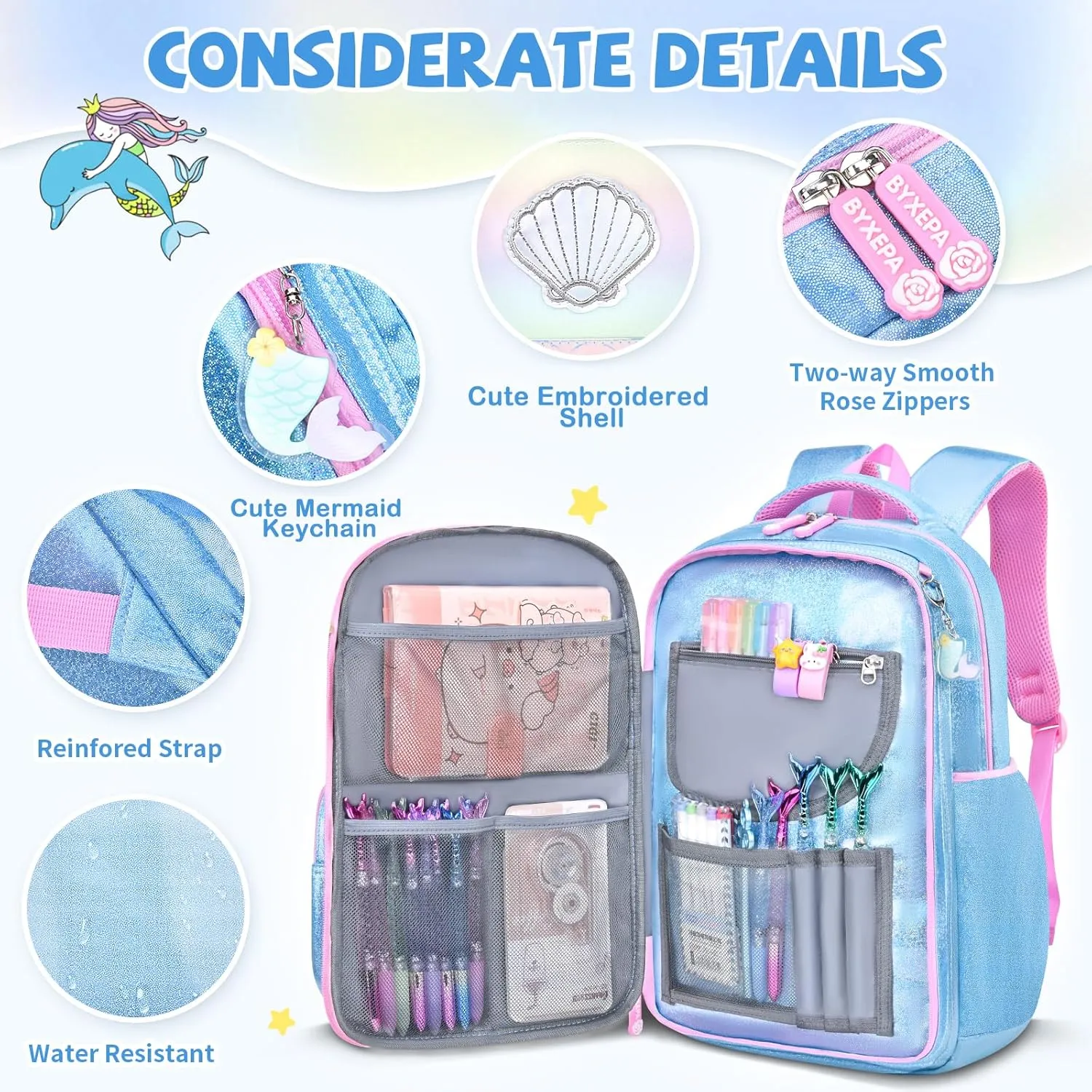 Backpacks for Girls School Cute Kids Backpack Bookbags with Insulated Lunch Box Set for School Elementary girl (Mermaid Blue)