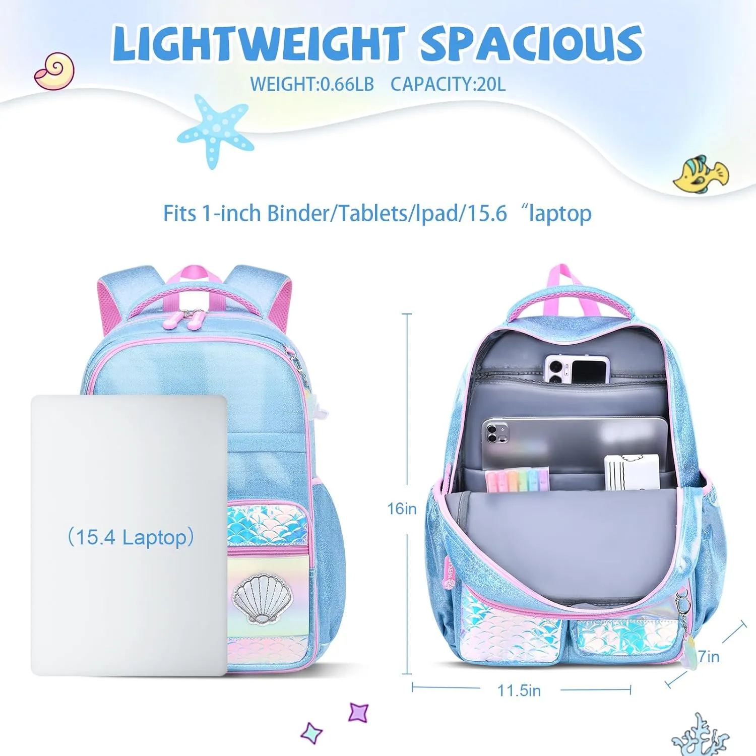 Backpacks for Girls School Cute Kids Backpack Bookbags with Insulated Lunch Box Set for School Elementary girl (Mermaid Blue)
