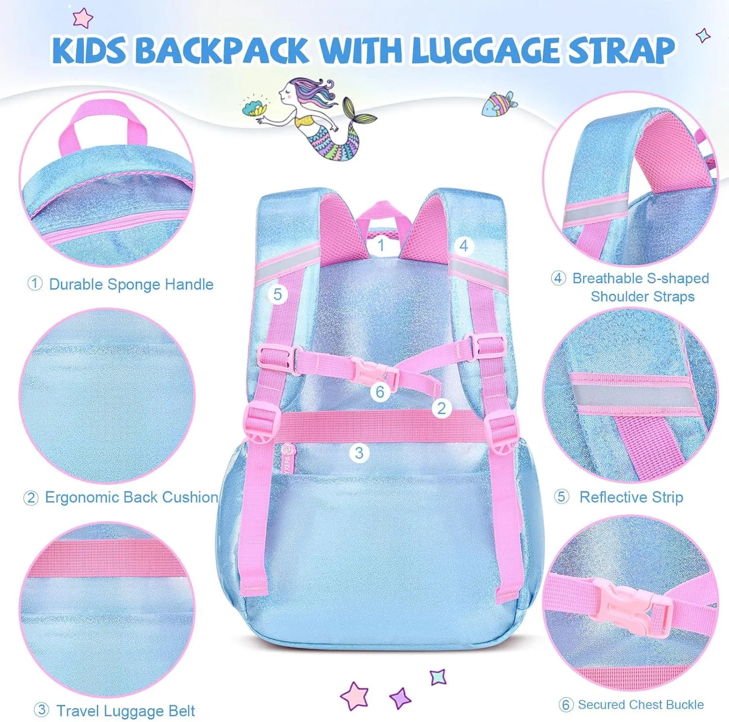 Backpacks for Girls School Cute Kids Backpack Bookbags with Insulated Lunch Box Set for School Elementary girl (Mermaid Blue)