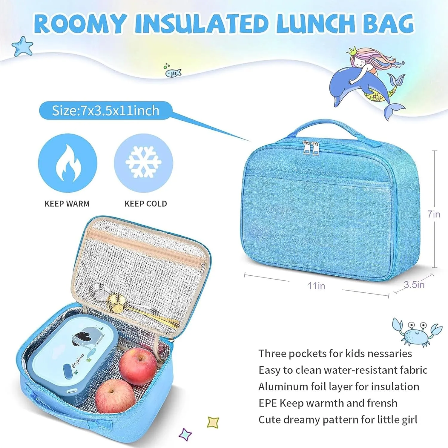 Backpacks for Girls School Cute Kids Backpack Bookbags with Insulated Lunch Box Set for School Elementary girl (Mermaid Blue)