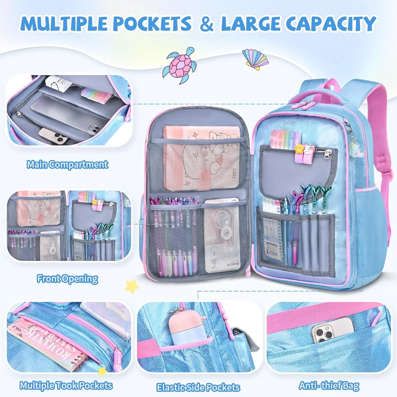 Backpacks for Girls School Cute Kids Backpack Bookbags with Insulated Lunch Box Set for School Elementary girl (Mermaid Blue)