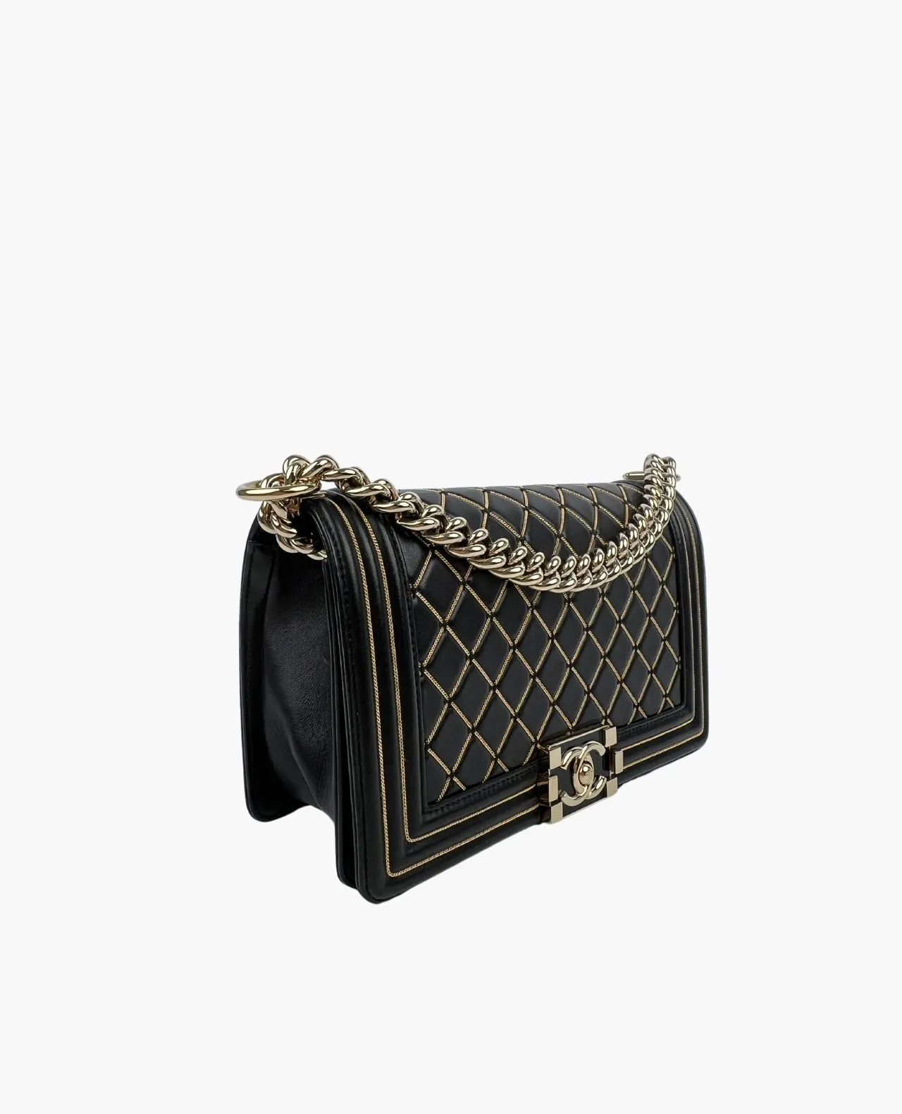 Chanel Boy Old Medium Black Quilted Leather Chain Detail Flap Bag