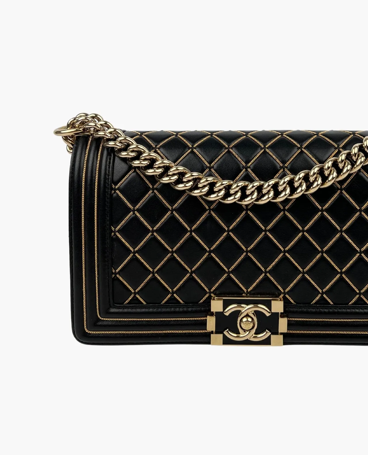 Chanel Boy Old Medium Black Quilted Leather Chain Detail Flap Bag