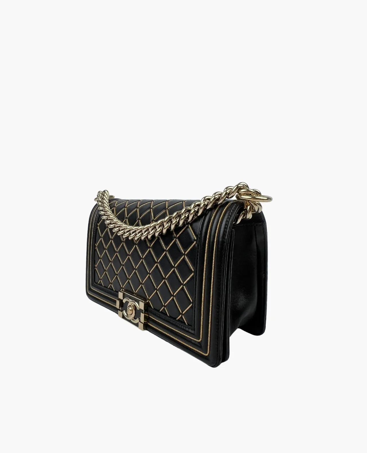 Chanel Boy Old Medium Black Quilted Leather Chain Detail Flap Bag