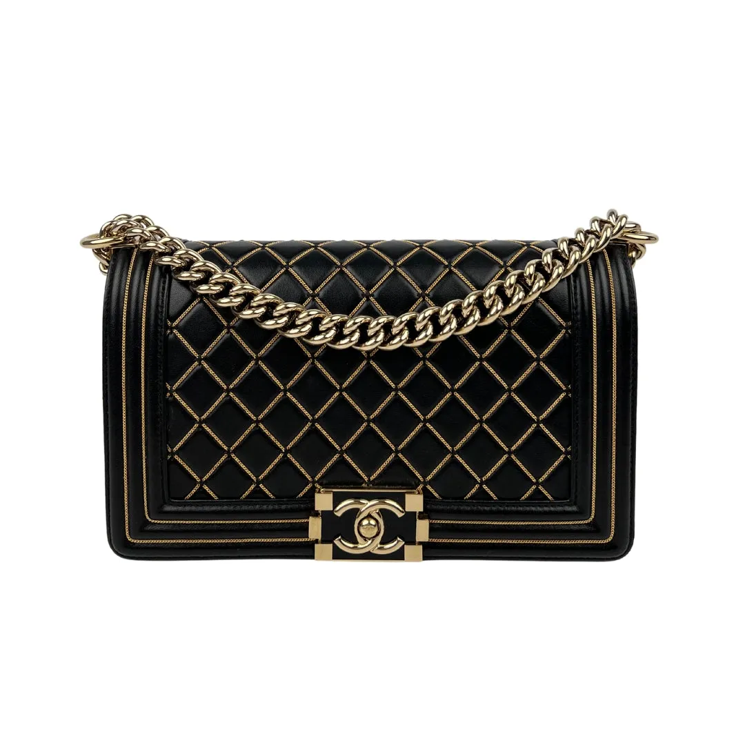Chanel Boy Old Medium Black Quilted Leather Chain Detail Flap Bag