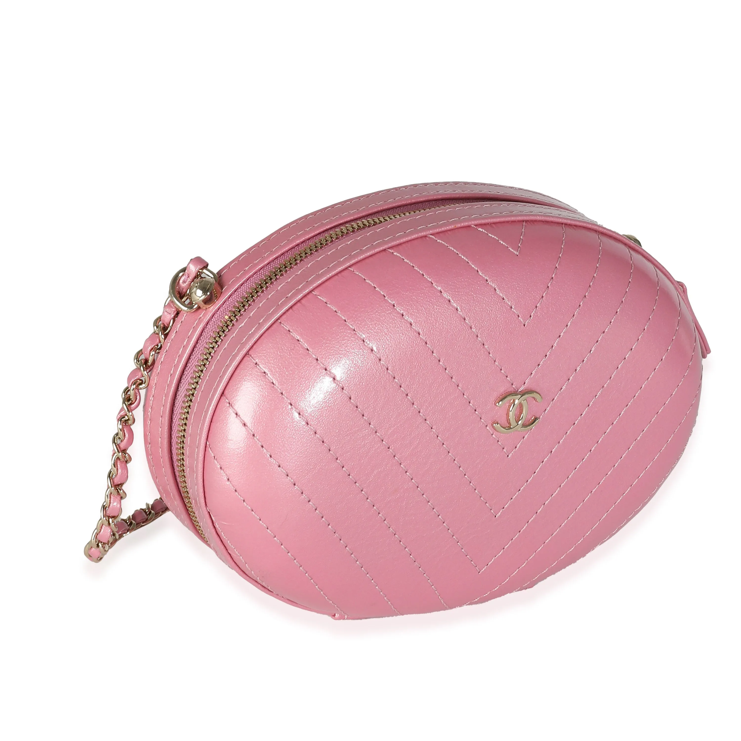 CHANEL Pink Chevron Calfskin Evening Clutch With Chain