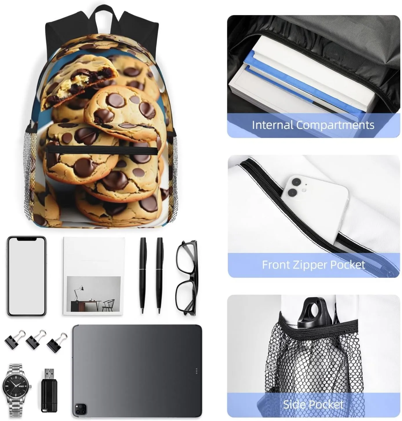 Cookies Food Chocolate Chips Biscuits Print Backpack For Women Men, Laptop Bookbag,Lightweight Casual Travel Daypack