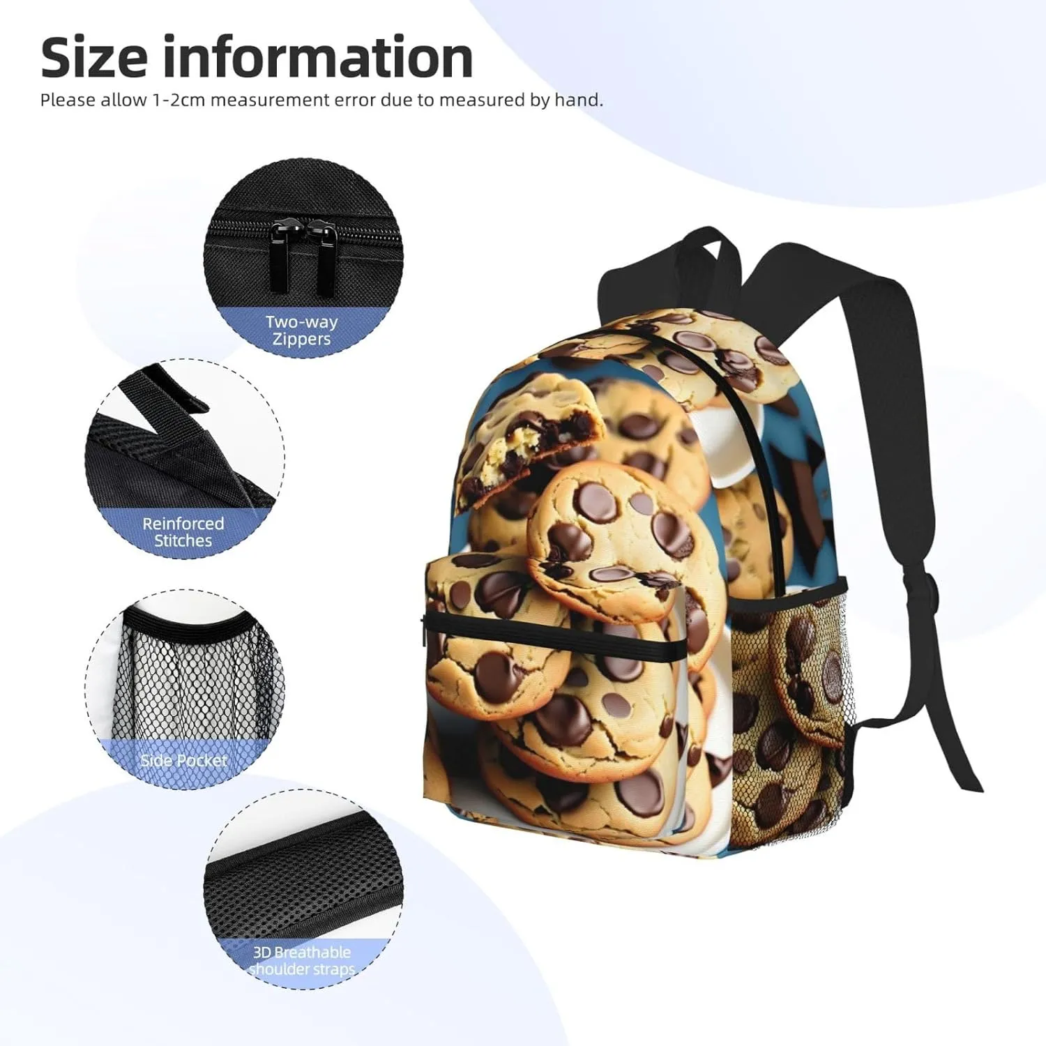 Cookies Food Chocolate Chips Biscuits Print Backpack For Women Men, Laptop Bookbag,Lightweight Casual Travel Daypack