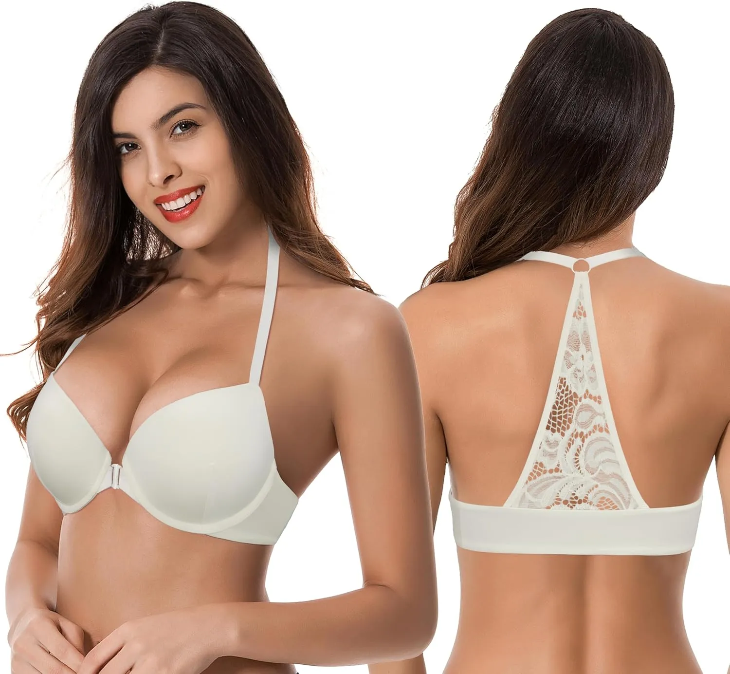 Curve Muse Womens Push Up Add 1 and a Half Cup Underwire Halter Front Close Bras