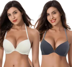 Curve Muse Womens Push Up Add 1 and a Half Cup Underwire Halter Front Close Bras