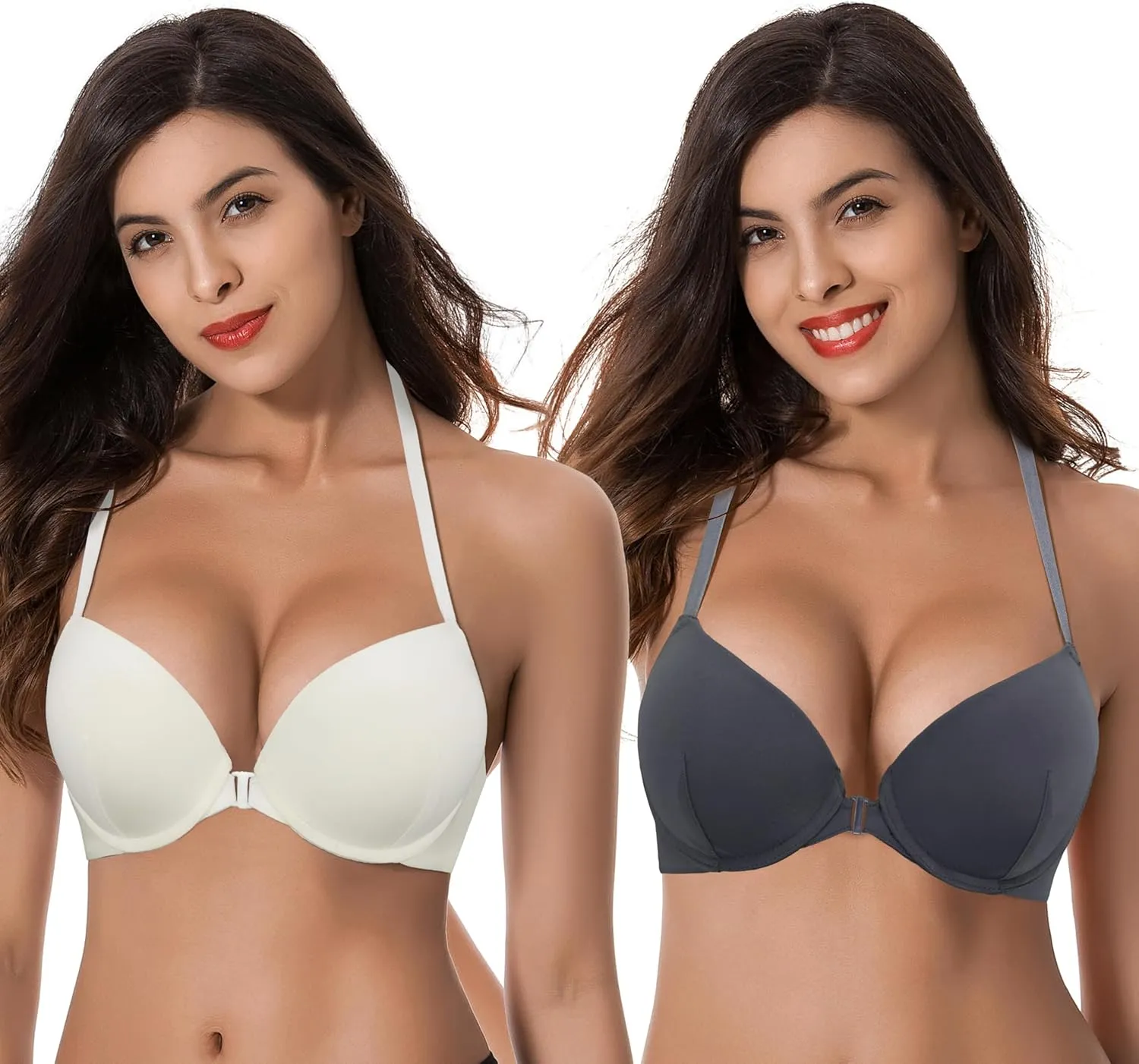 Curve Muse Womens Push Up Add 1 and a Half Cup Underwire Halter Front Close Bras