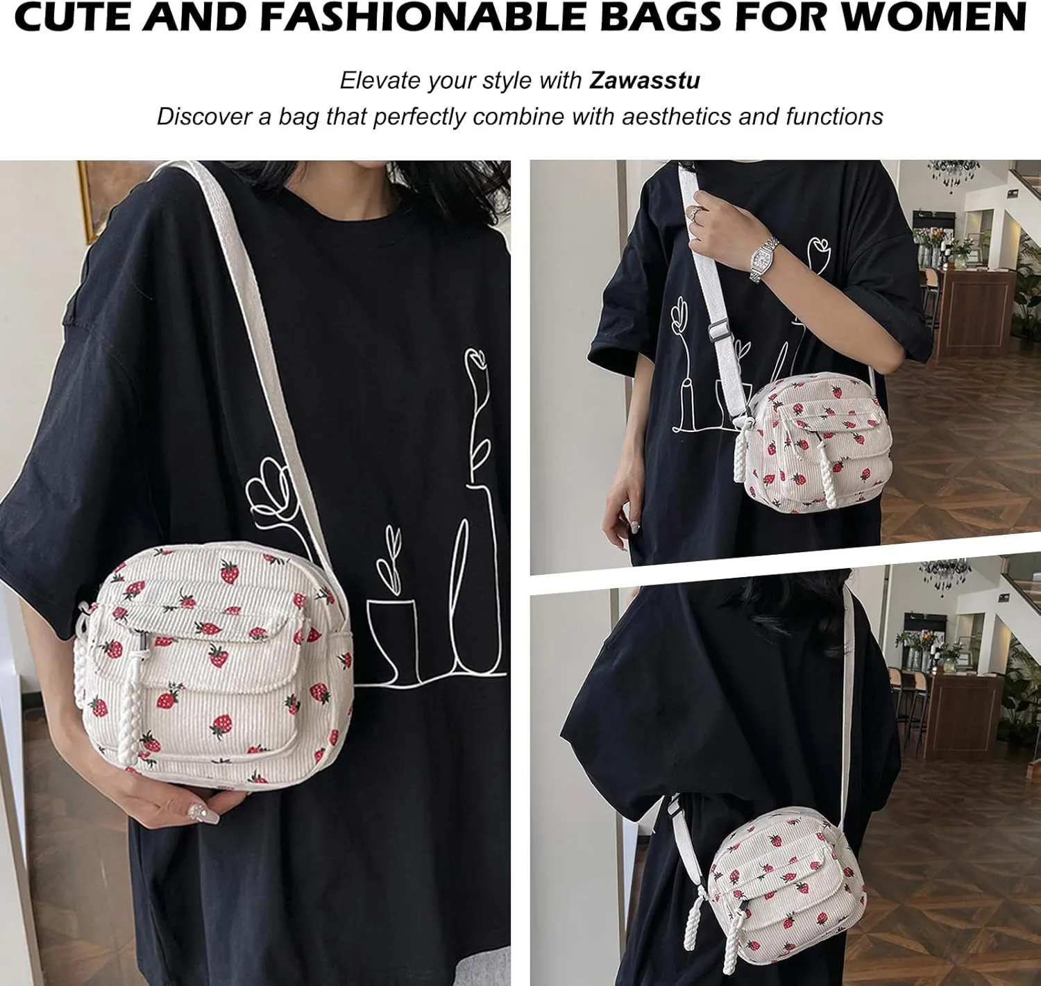 Cute Purse for Women Strawberry Bag Corduroy Tote Bag Work Messenger Bag Cute Crossbody Bag Handbags Everyday Bag