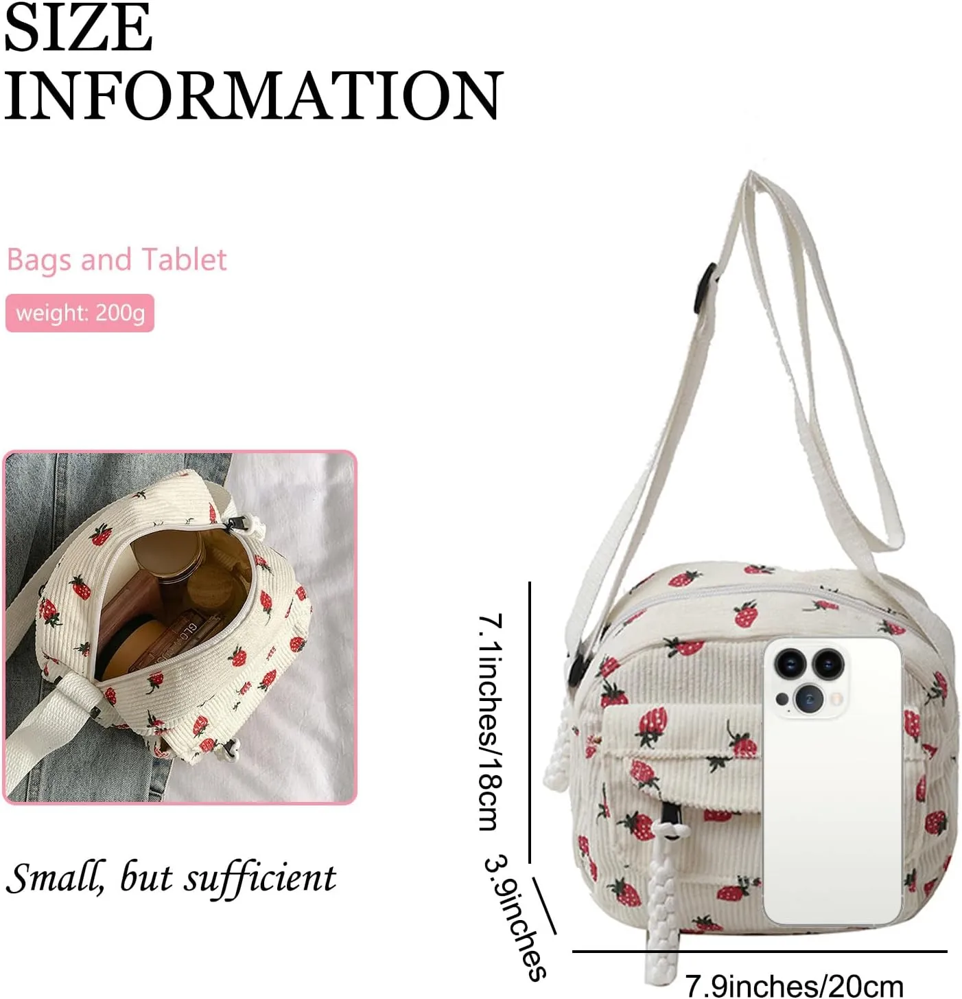 Cute Purse for Women Strawberry Bag Corduroy Tote Bag Work Messenger Bag Cute Crossbody Bag Handbags Everyday Bag