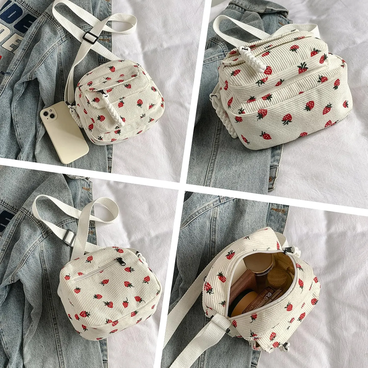 Cute Purse for Women Strawberry Bag Corduroy Tote Bag Work Messenger Bag Cute Crossbody Bag Handbags Everyday Bag