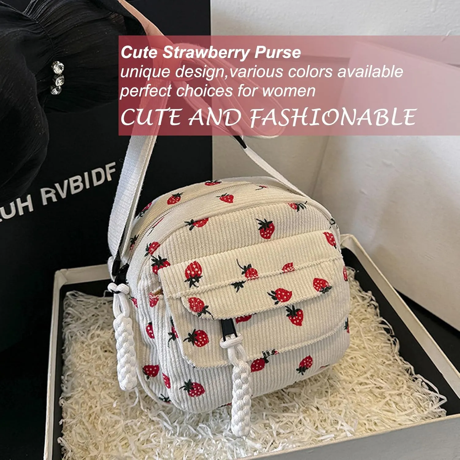 Cute Purse for Women Strawberry Bag Corduroy Tote Bag Work Messenger Bag Cute Crossbody Bag Handbags Everyday Bag