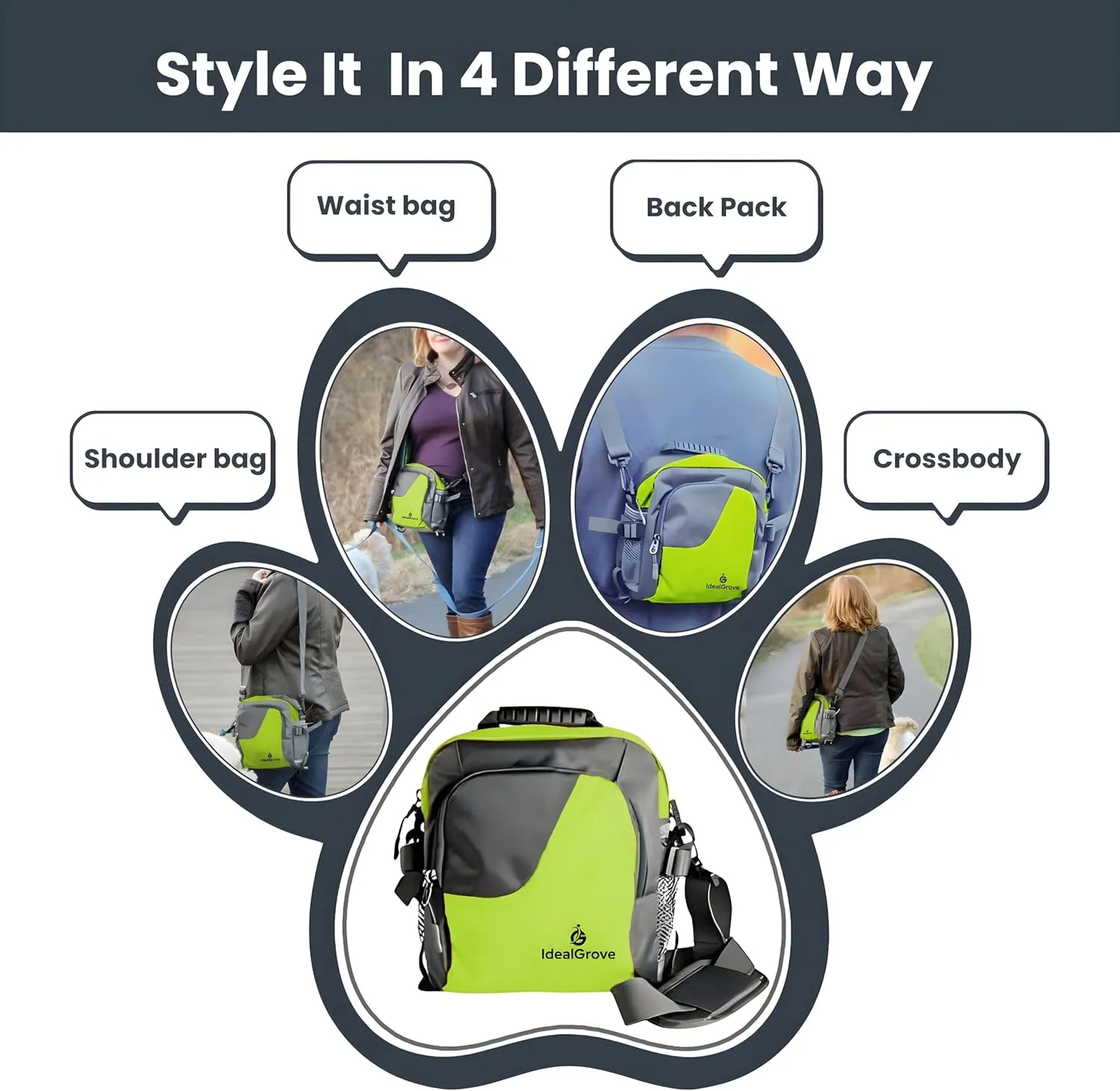 Dog Treat Pouch, Dog Walking Bag for Training, Pet Food & Toy Holder, Poop Bag Dispenser, Poop Bag Roll, Collapsible Bowl, Water Bottle, 4 Ways to Wear - Green