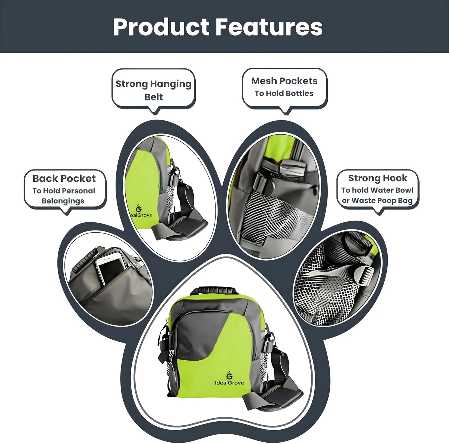 Dog Treat Pouch, Dog Walking Bag for Training, Pet Food & Toy Holder, Poop Bag Dispenser, Poop Bag Roll, Collapsible Bowl, Water Bottle, 4 Ways to Wear - Green