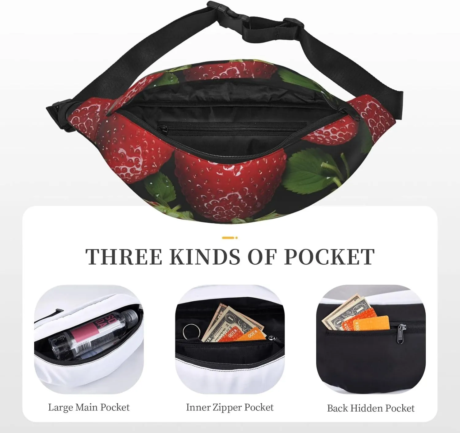 Fanny Pack Belt Bag for Women Men Waterproof Waist Pack Seaside Town Waist Bag with Adjustable Strap, Red Strawberry, One Size
