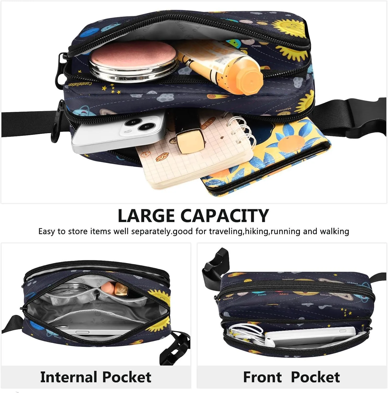 Fanny Packs for Women Men Cute Kids Solar System Poster Belt Bag Waterproof Fashion Waist Pack with Adjustable Strap Waist Bag Hip Bumbags for Running Workout Travel Hiking Cycling