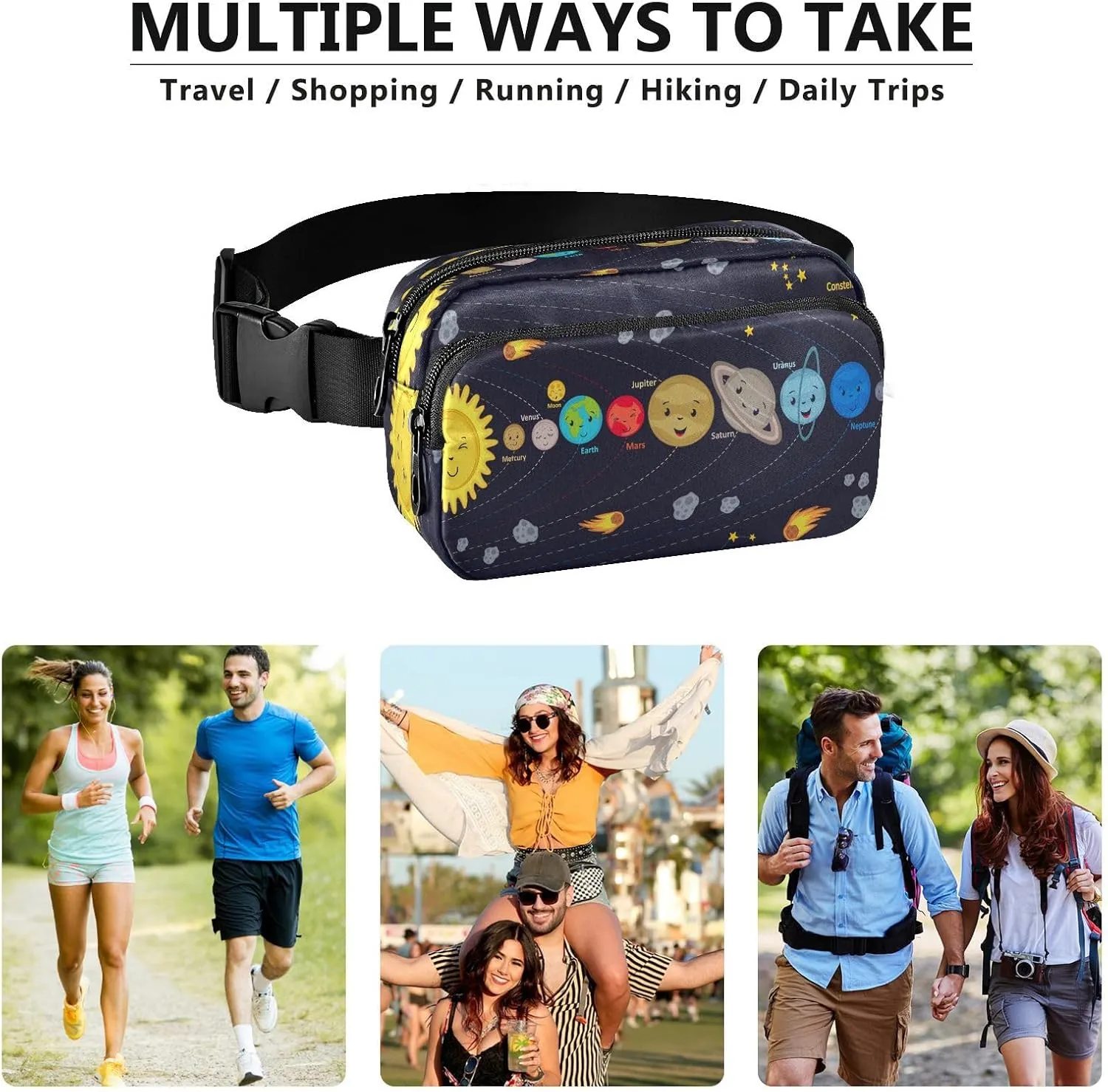 Fanny Packs for Women Men Cute Kids Solar System Poster Belt Bag Waterproof Fashion Waist Pack with Adjustable Strap Waist Bag Hip Bumbags for Running Workout Travel Hiking Cycling