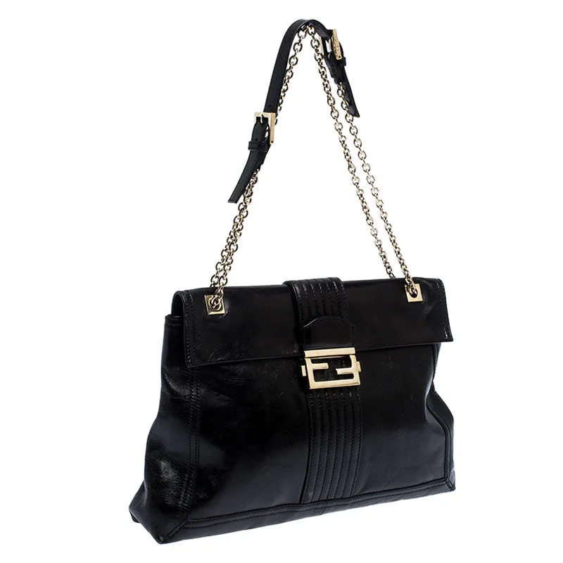 Fendi Black Leather Maxi Baguette Flap Shoulder Bag