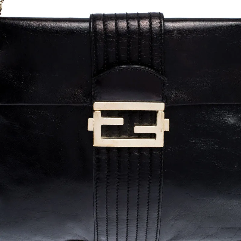 Fendi Black Leather Maxi Baguette Flap Shoulder Bag