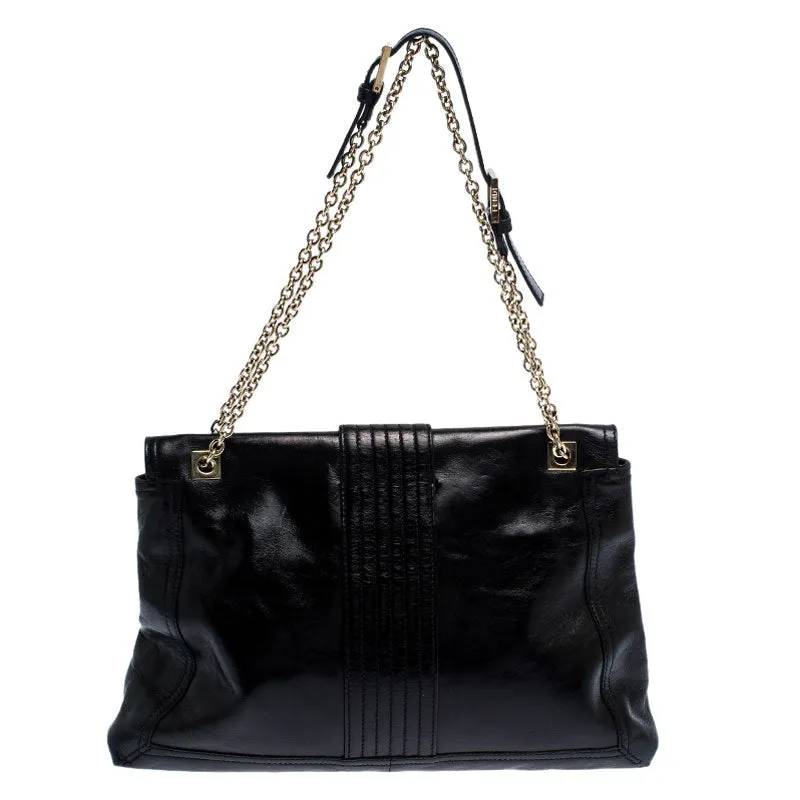 Fendi Black Leather Maxi Baguette Flap Shoulder Bag