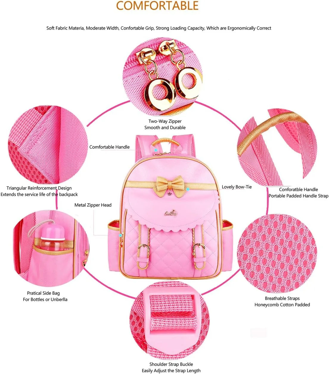 Gazigo Children Princess Waterproof PU Backpack for Girls Elementary School Girl Bookbags