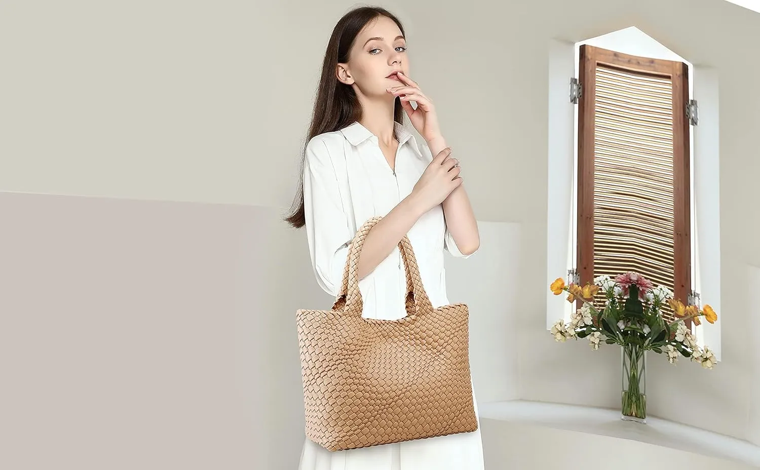 GBB Woven Bag for Women Fashion Woven Purse Top-handle Shoulder Bag Large Travel Tote Bag Vegan Leather Shopper Bag