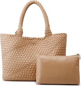 GBB Woven Bag for Women Fashion Woven Purse Top-handle Shoulder Bag Large Travel Tote Bag Vegan Leather Shopper Bag