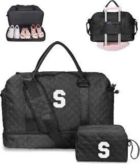 Gifts for Granddaughter-Initial Duffle Bag with Shoe Compartment, Personalized Weekender Bag, Monogram Overnight Bag, Letter Travel Bag with Makeup BagDaughter Friend Gifts (Letter S)