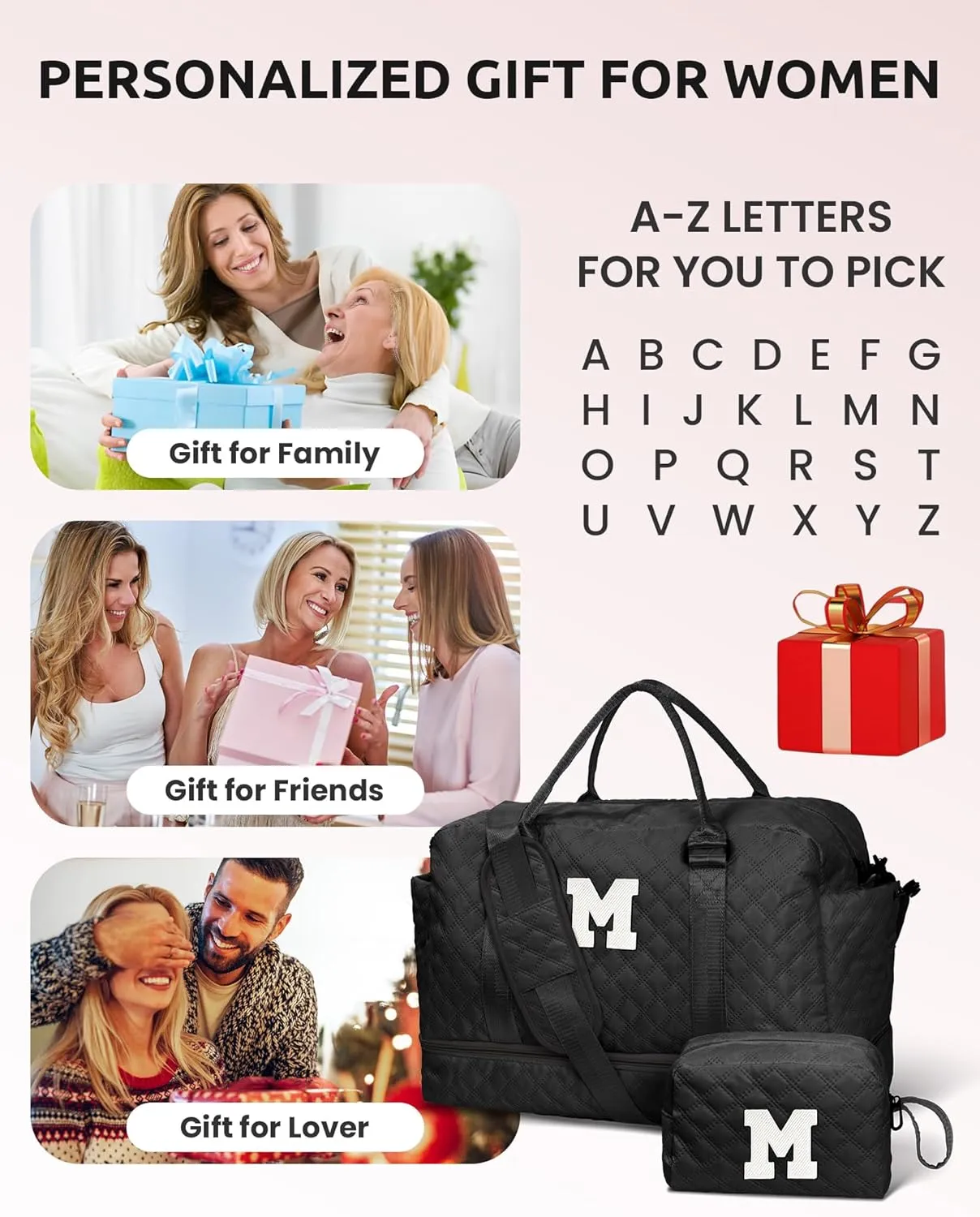 Gifts for Granddaughter-Initial Duffle Bag with Shoe Compartment, Personalized Weekender Bag, Monogram Overnight Bag, Letter Travel Bag with Makeup BagDaughter Friend Gifts (Letter S)