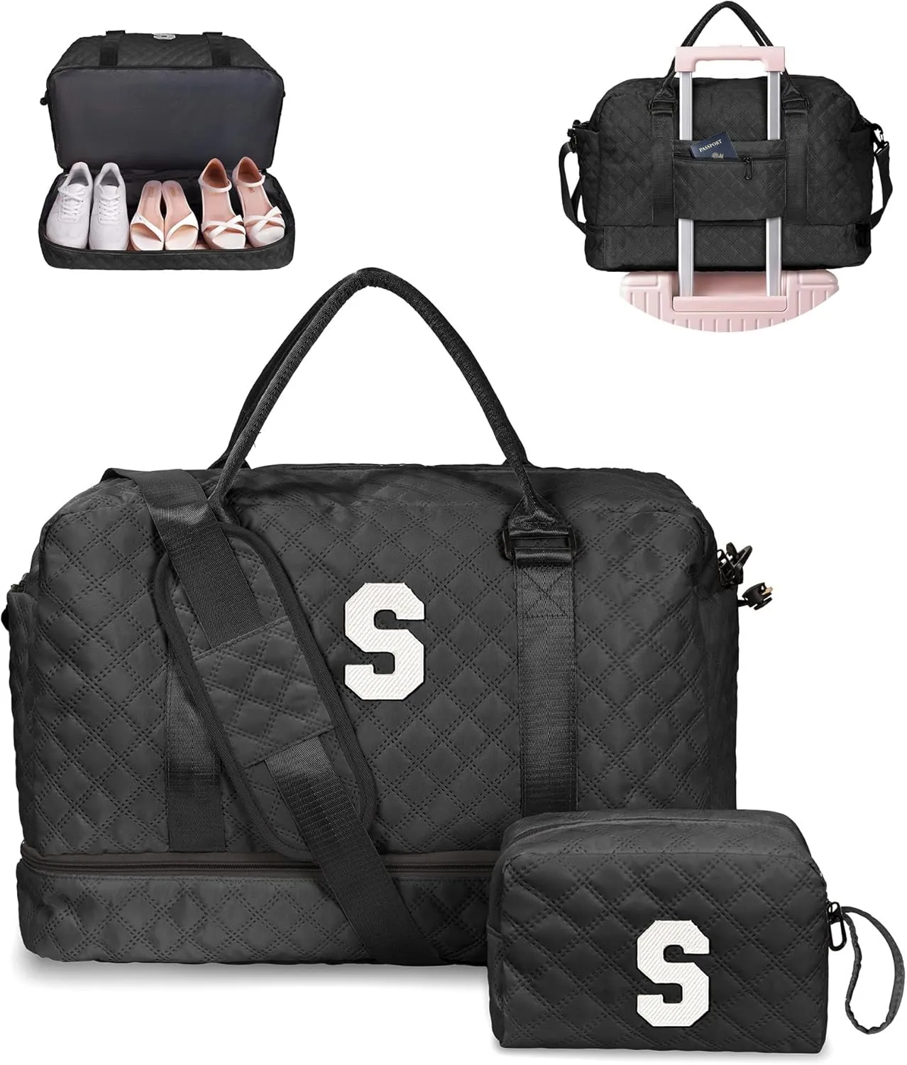 Gifts for Granddaughter-Initial Duffle Bag with Shoe Compartment, Personalized Weekender Bag, Monogram Overnight Bag, Letter Travel Bag with Makeup BagDaughter Friend Gifts (Letter S)