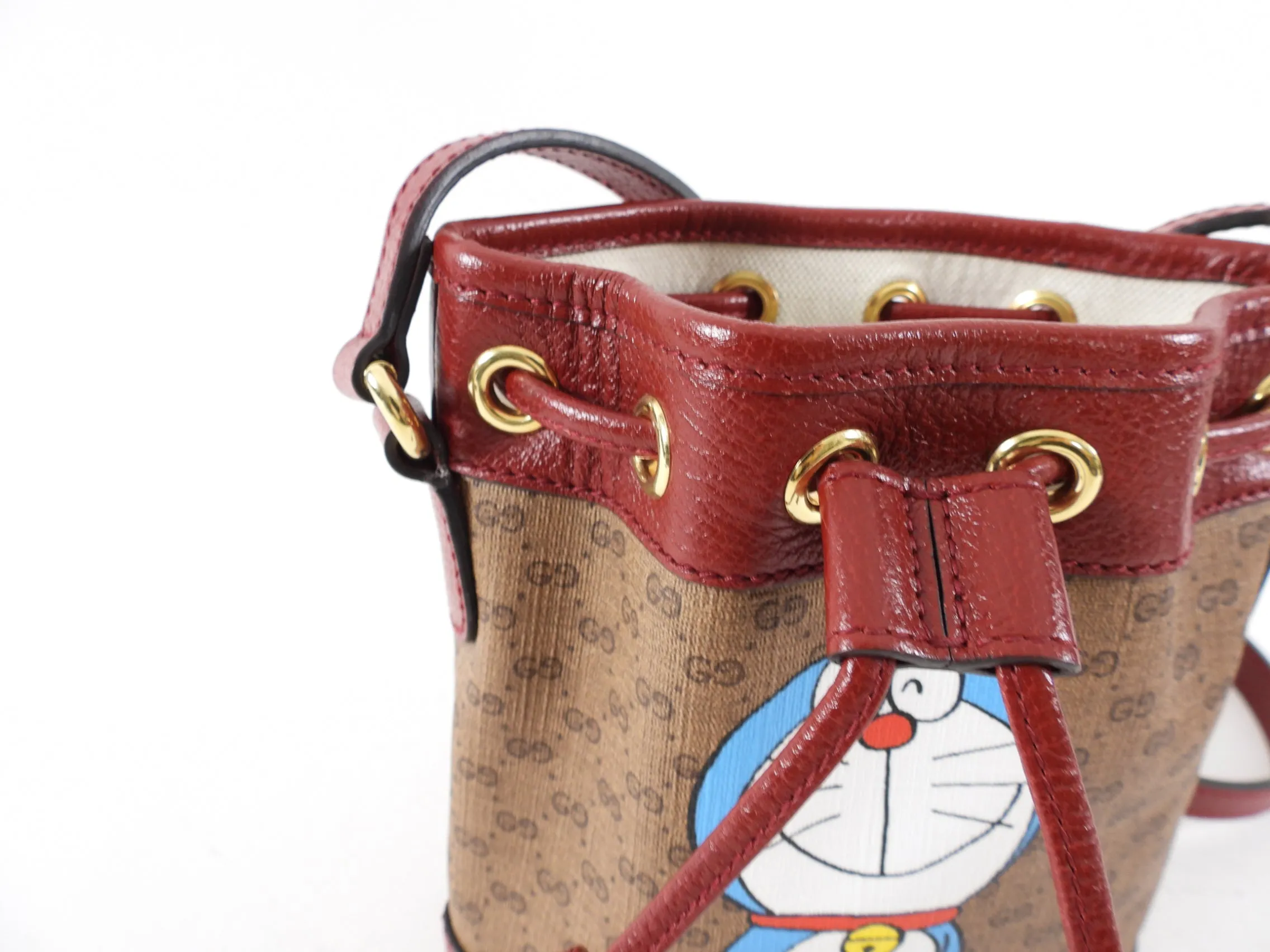 Gucci x Doremon Burgundy Monogram Candy Mini Bucket Bag