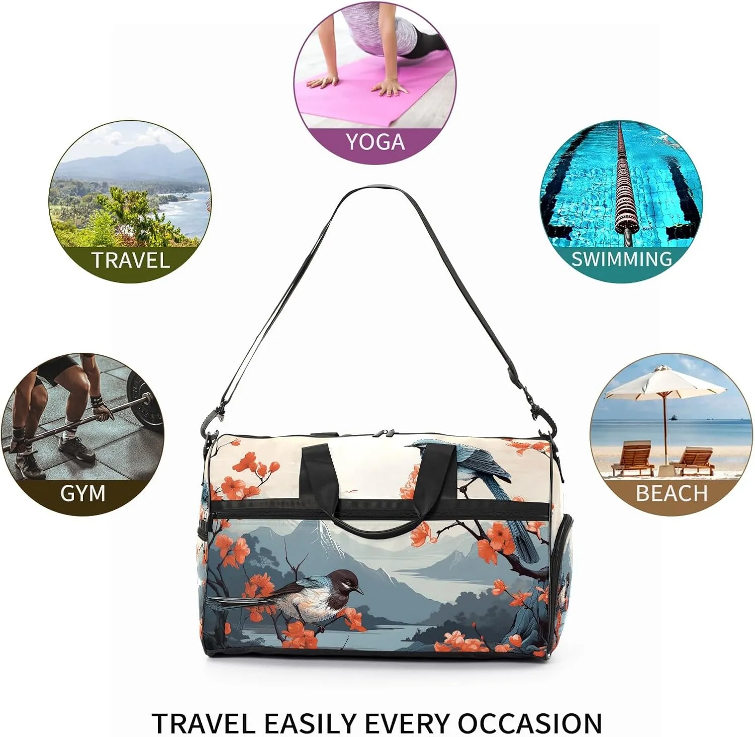 Gym Bag for Women, Carry on Weekender Overnight Bag, Travel Duffel Bags, Personal Item Travel Bag Tote Bag Workout Dance Bag, Chinese Painting Bird - 14