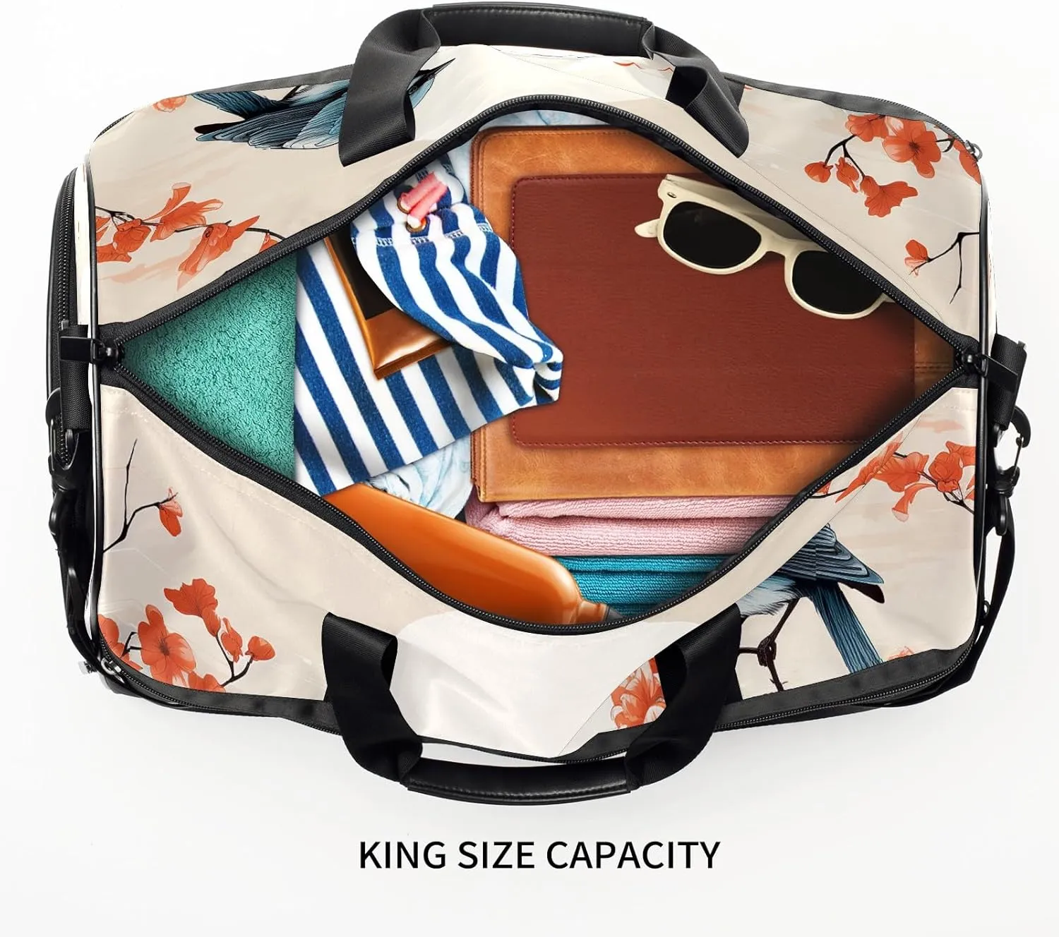 Gym Bag for Women, Carry on Weekender Overnight Bag, Travel Duffel Bags, Personal Item Travel Bag Tote Bag Workout Dance Bag, Chinese Painting Bird - 14