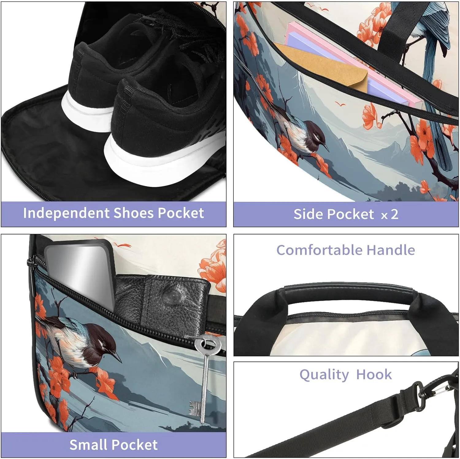 Gym Bag for Women, Carry on Weekender Overnight Bag, Travel Duffel Bags, Personal Item Travel Bag Tote Bag Workout Dance Bag, Chinese Painting Bird - 14