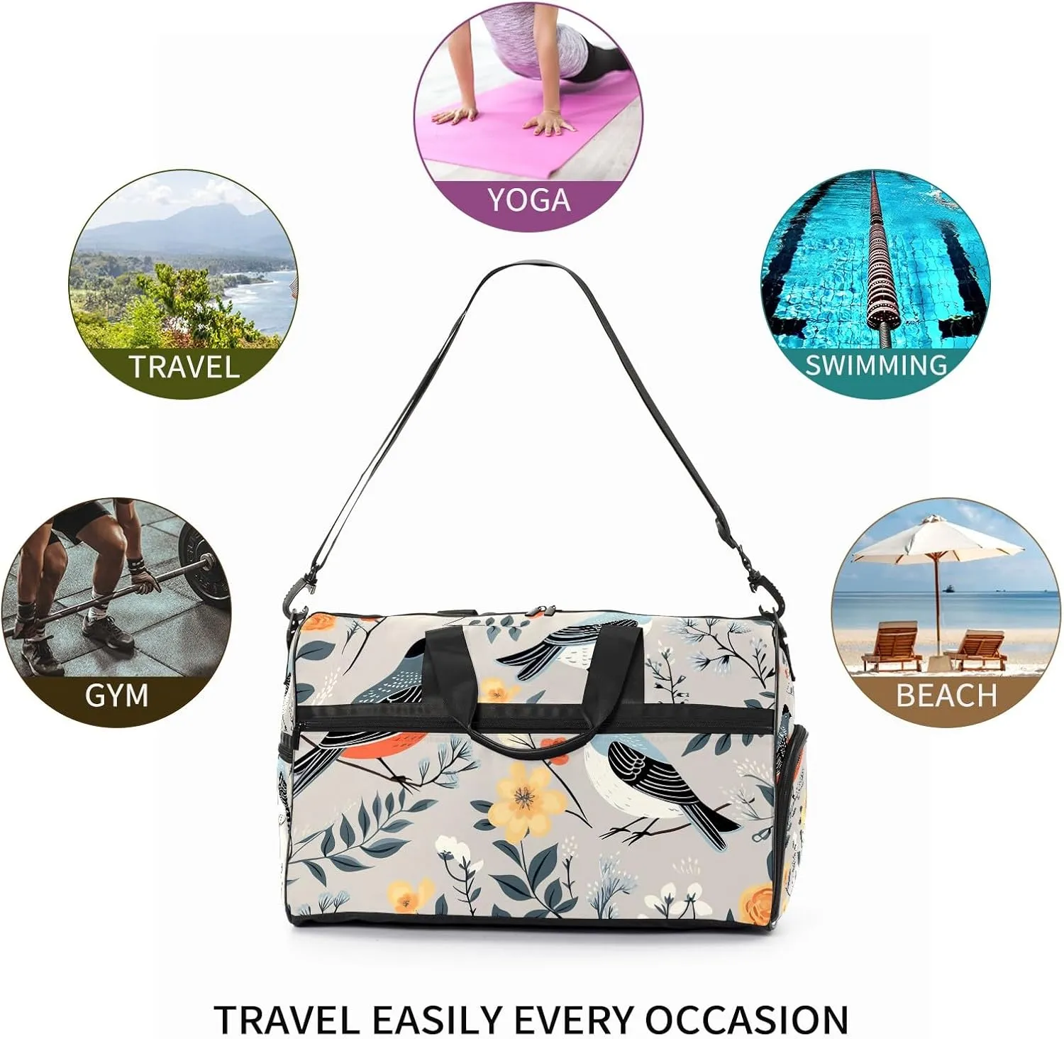 Gym Bag for Women, Carry on Weekender Overnight Bag, Travel Duffel Bags, Personal Item Travel Bag Tote Bag Workout Dance Bag, Chinese Painting Bird - 55