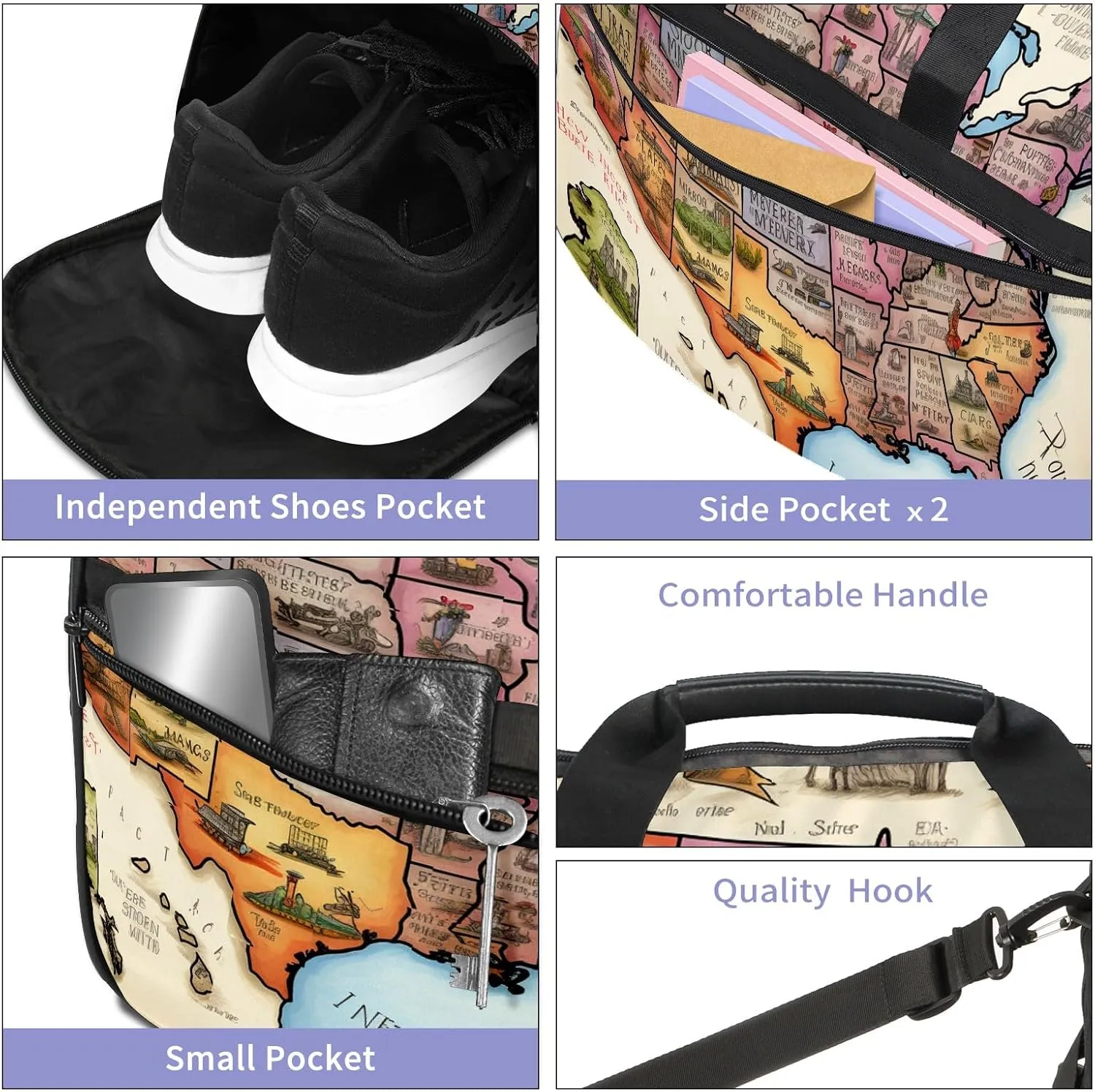 Gym Bag for Women Men, Yoga Bag with Shoe Pocket, Travel Duffel Tote Bag for Plane, Workout, Swimming, Weekend Overnight Bag Carry on Bag Hospital Holdalls, America Map - 34