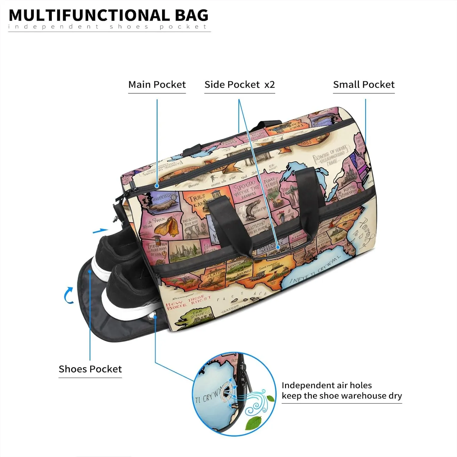 Gym Bag for Women Men, Yoga Bag with Shoe Pocket, Travel Duffel Tote Bag for Plane, Workout, Swimming, Weekend Overnight Bag Carry on Bag Hospital Holdalls, America Map - 34