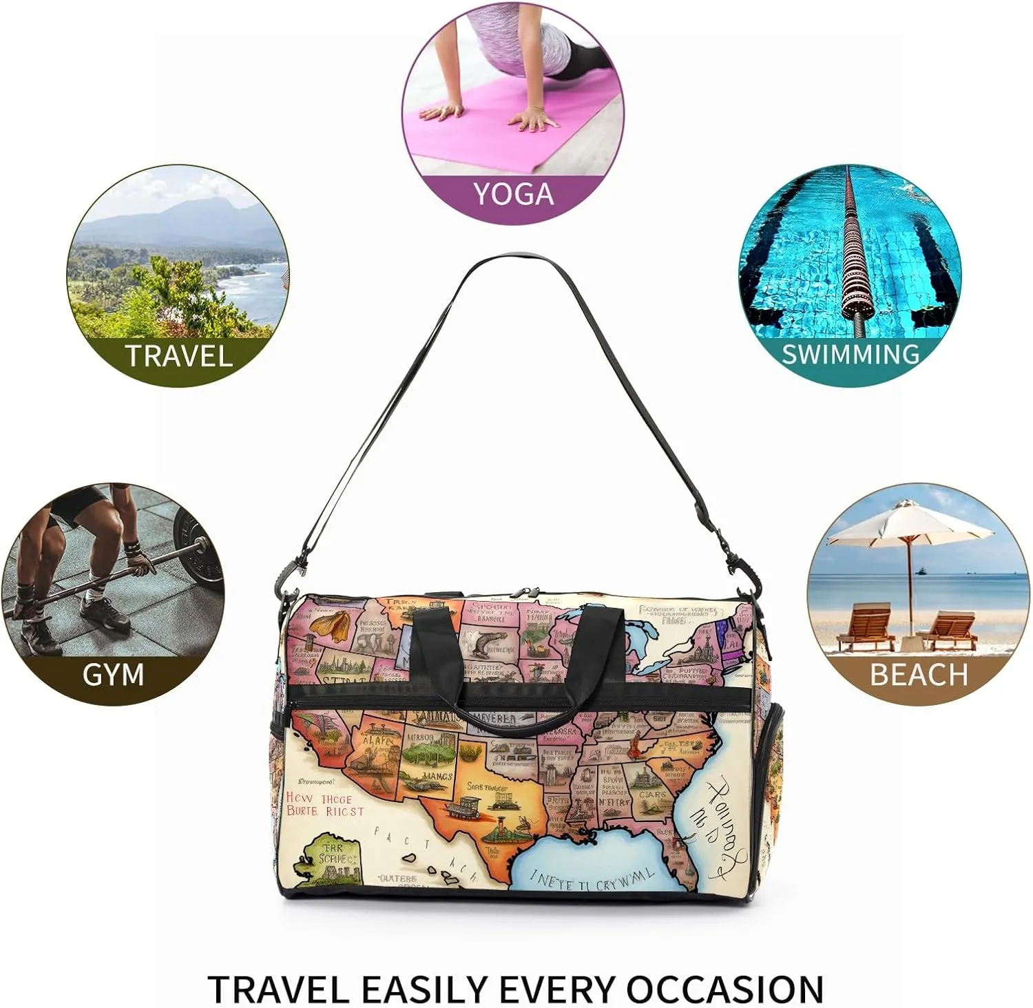 Gym Bag for Women Men, Yoga Bag with Shoe Pocket, Travel Duffel Tote Bag for Plane, Workout, Swimming, Weekend Overnight Bag Carry on Bag Hospital Holdalls, America Map - 34