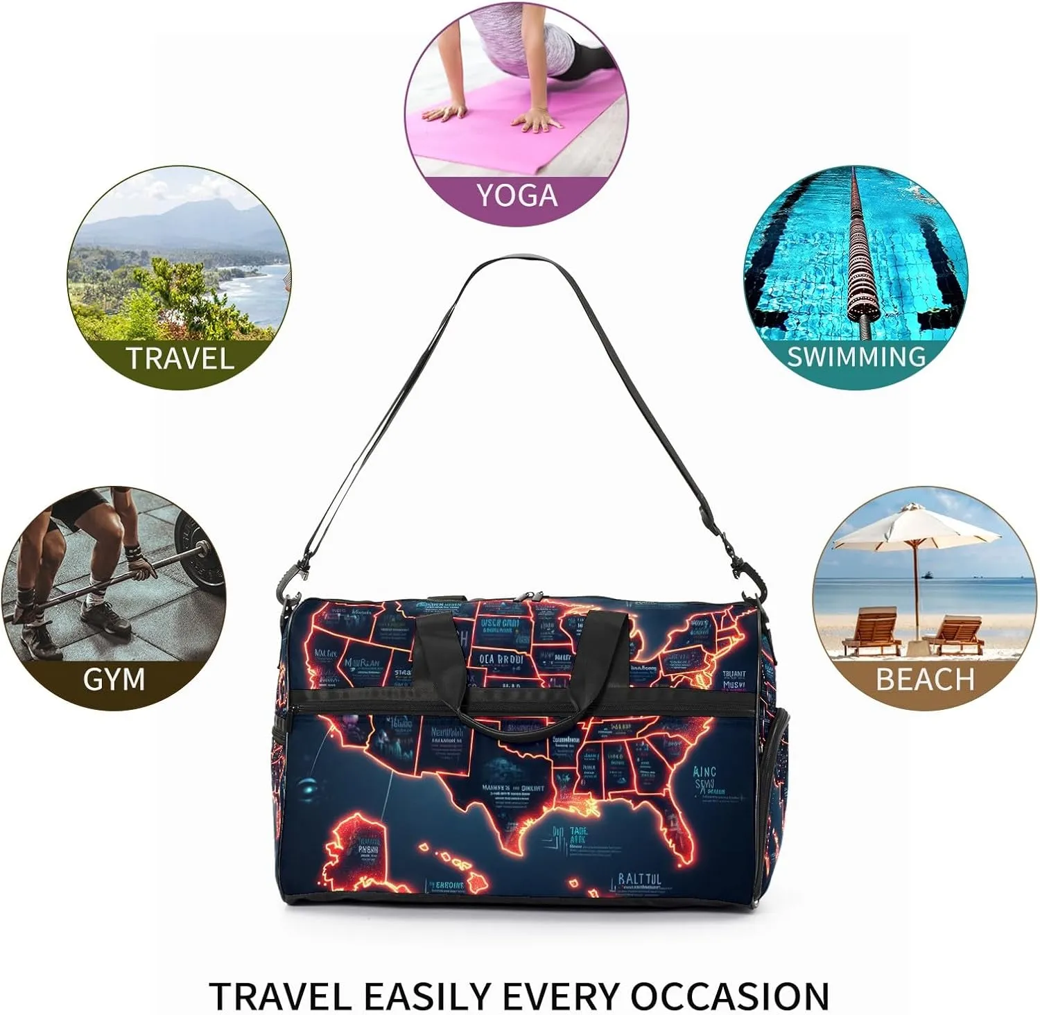 Gym Bag for Women Men, Yoga Bag with Shoe Pocket, Travel Duffel Tote Bag for Plane, Workout, Swimming, Weekend Overnight Bag Carry on Bag Hospital Holdalls, America Map - 41