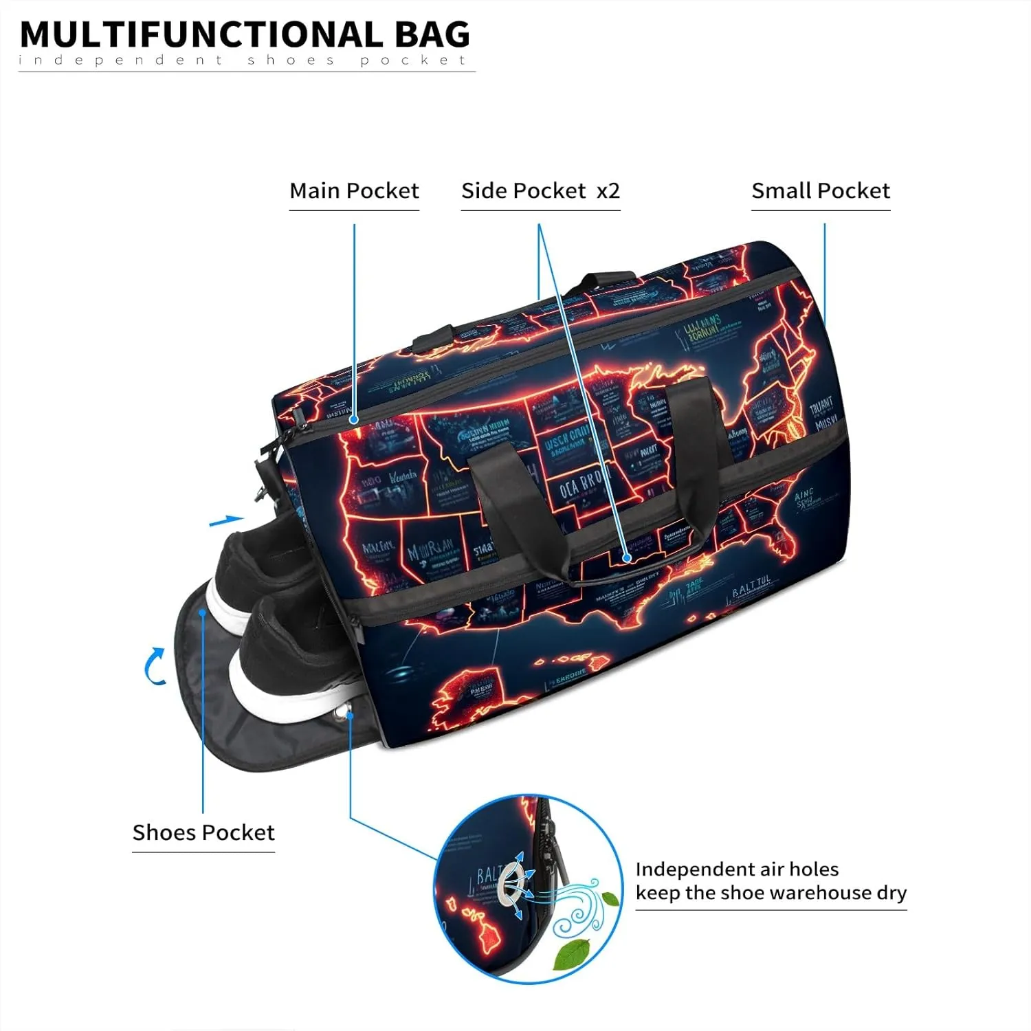 Gym Bag for Women Men, Yoga Bag with Shoe Pocket, Travel Duffel Tote Bag for Plane, Workout, Swimming, Weekend Overnight Bag Carry on Bag Hospital Holdalls, America Map - 41