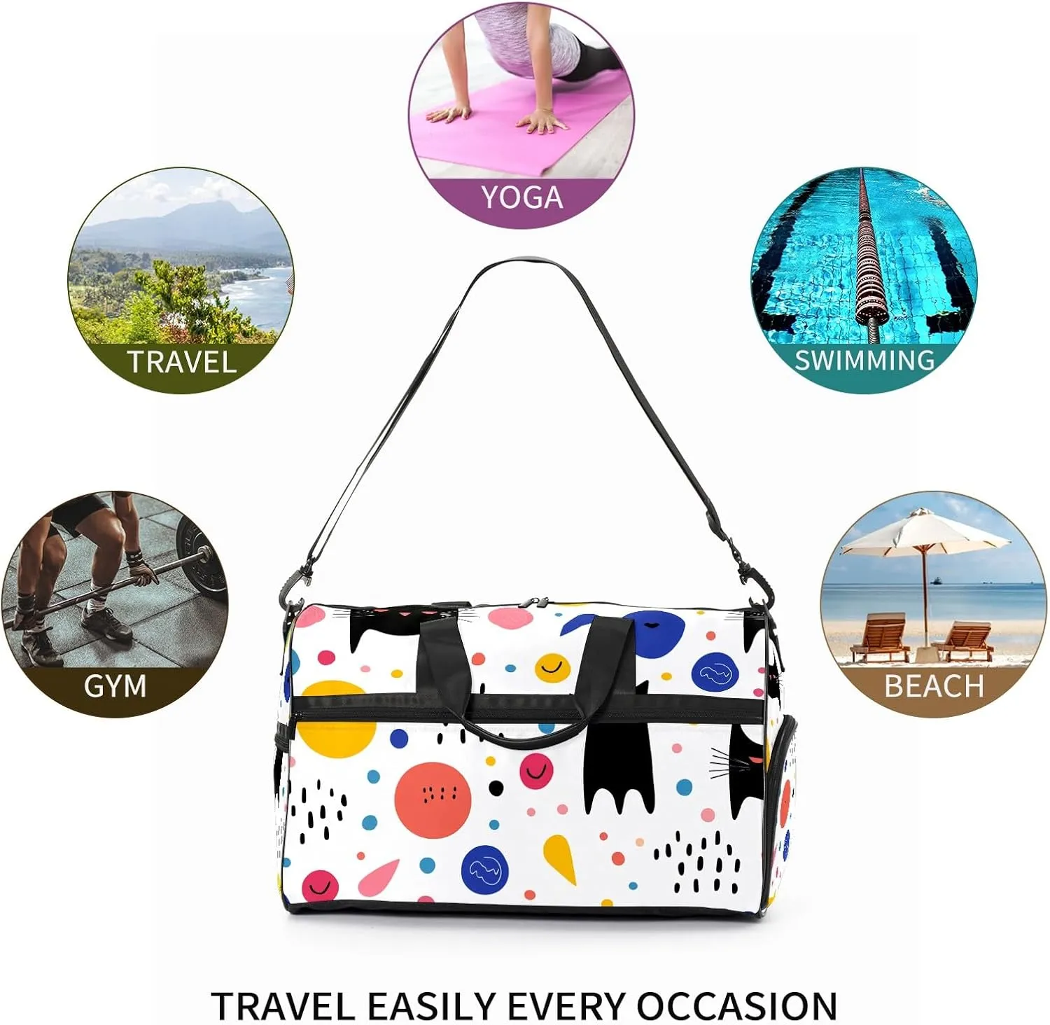 Gym Bag for Women Men, Yoga Bag with Shoe Pocket, Travel Duffel Tote Bag for Plane, Workout, Swimming, Weekend Overnight Bag Carry on Bag Hospital Holdalls, Cat Simple Drawing - 5